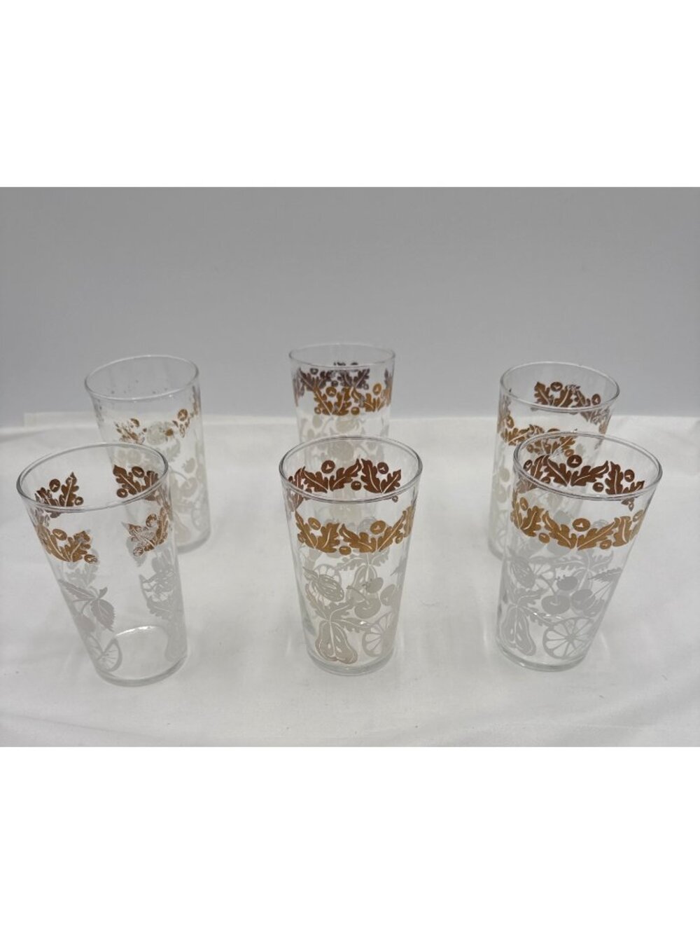 Set Of 6 Vintage Federal Glass Tumblers Gold & White Fruit Floral Design 5" Tall